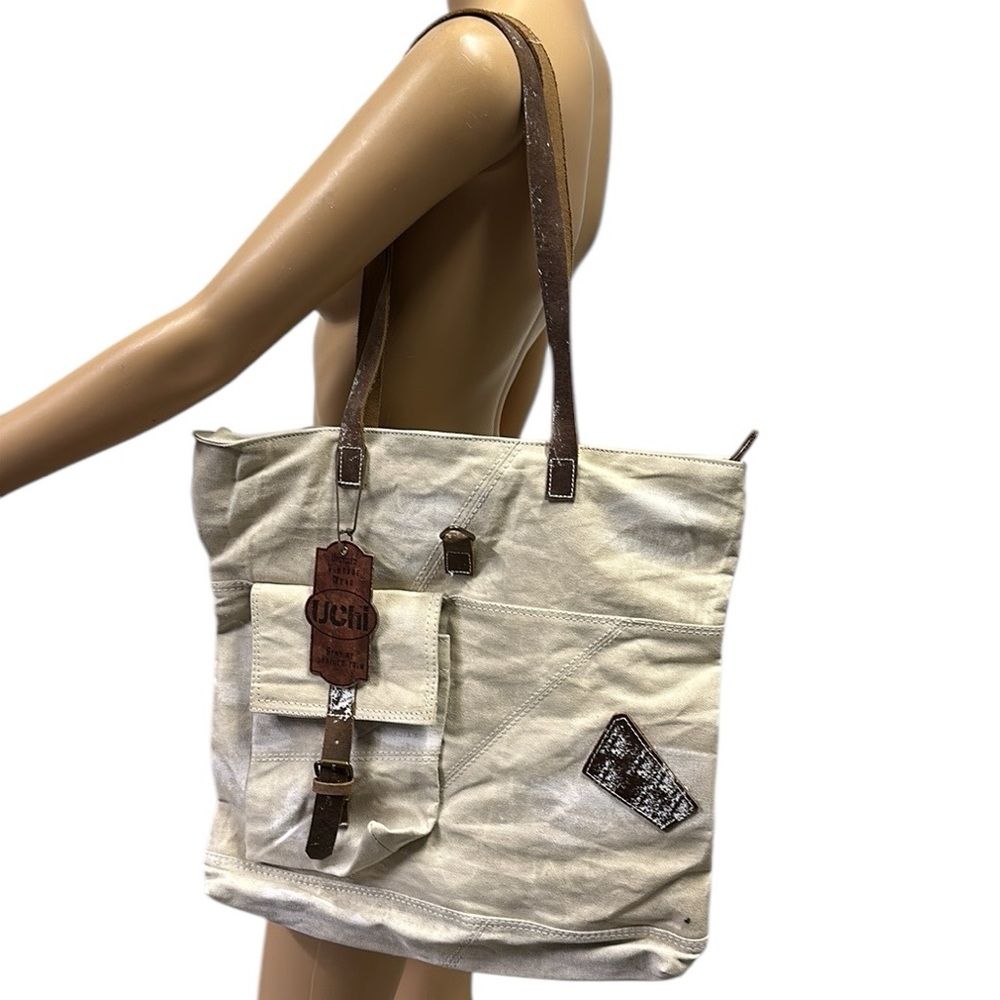 UCHI Upcycled Vintage Wear Genuine Leather Trim Shoulder Tote Bag 16 x 15.5 Inch